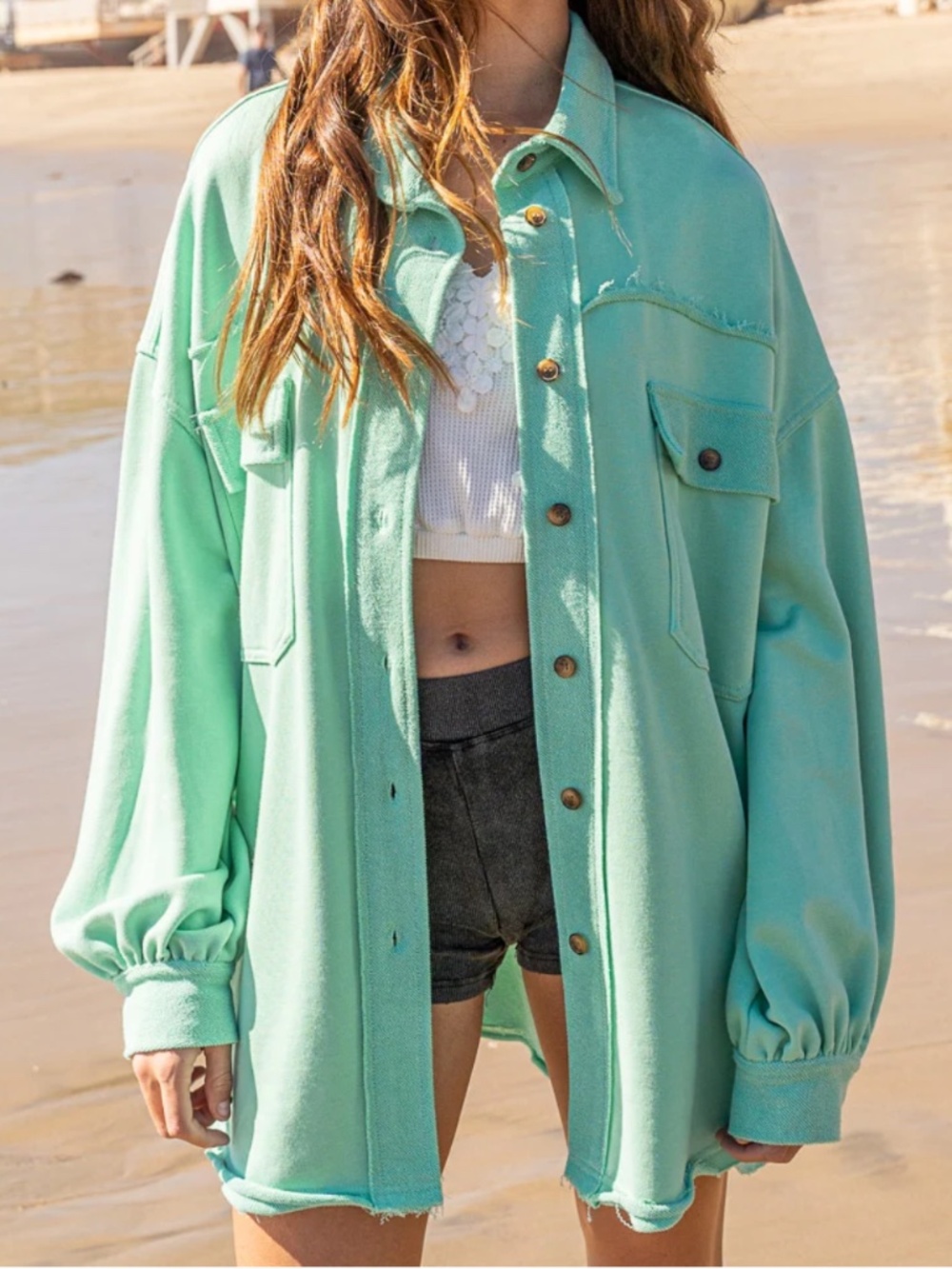 POL French Terry Raw Frayed Hem Shacket Mint 3X Oversized Relaxed Boho Comfy